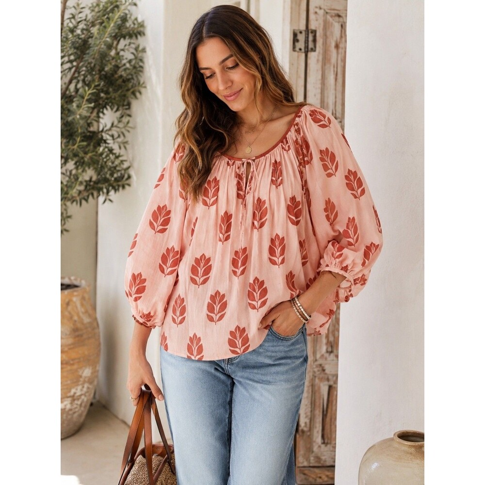 NWT Daughters of India Ria Blouse L Cherry Blossom Floral Cotton Boho Peasant
